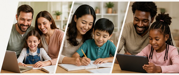 A family learning together around a table at home
