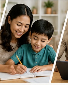 Parent guiding a child through home learning